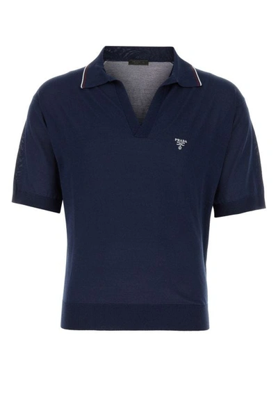 Shop Prada Man Blue Silk Blend Polo Shirt
