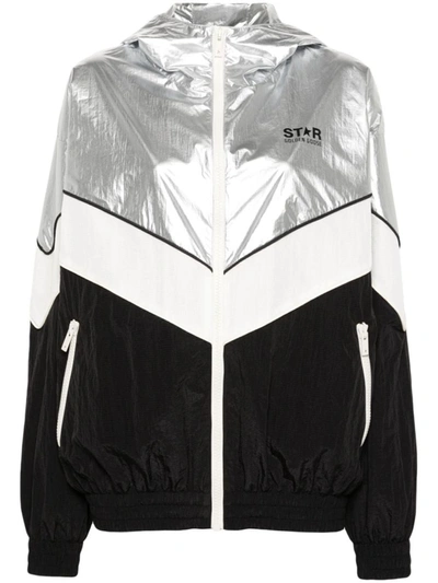 Golden Goose Star Patchwork Windbreaker Nylon Jacket In Silver/dark Papyrus/black