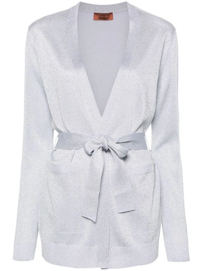 Missoni Metallic-threading Belted Cardigan In Silver
