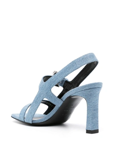 Sergio Rossi Crystal Buckle Denim Heeled Sandals In Blue