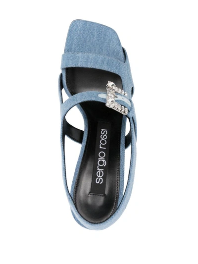 Sergio Rossi Crystal Buckle Denim Heeled Sandals In Blue