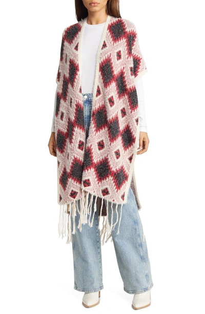 Shop Roffe Accessories Geometric Jacquard Fringe Wrap In Red Motiff