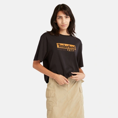 Shop Timberland Women's Linear-logo Cropped T-shirt In Black