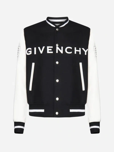 Shop Givenchy Wool And Leather Varsity Jacket In Black,white