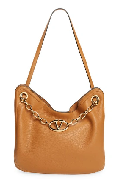 Shop Valentino Vlogo Gate Chain Leather Shoulder Bag In Kel Almond Beige