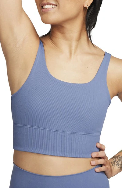 Shop Nike Ribbed Longline Sports Bra In Diffused Blue/white