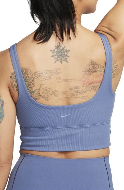 Shop Nike Ribbed Longline Sports Bra In Diffused Blue/white