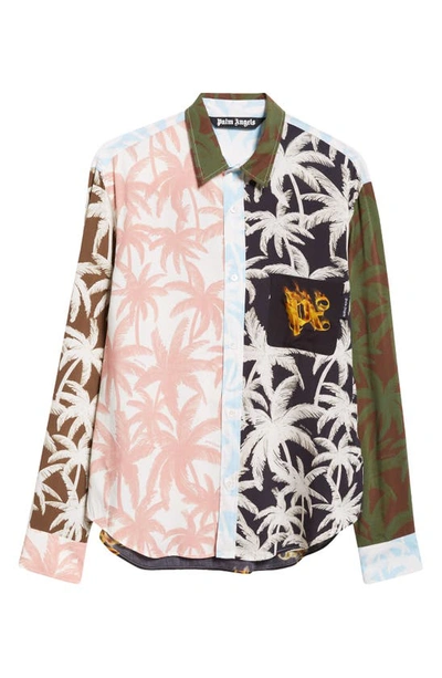 Shop Palm Angels Burning Monogram Palm Print Button-up Shirt In Pink Multi
