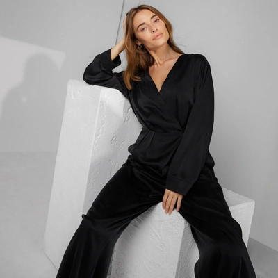 Shop Lunya Washable Silk Long Sleeve Jumpsuit In Immersed Black