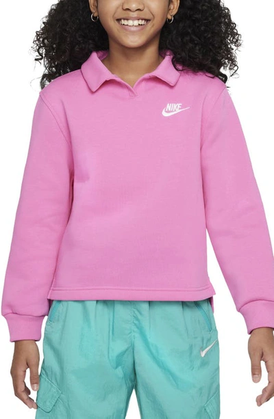Shop Nike Kids' Sportswear Club Fleece Long Sleeve Top In Playful Pink/ Play Pink/ White