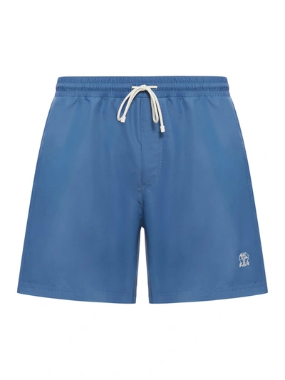 Shop Brunello Cucinelli Embroidered-logo Swim Shorts In Blue