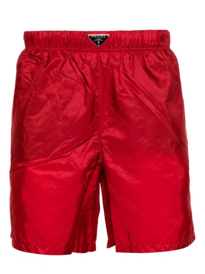 Shop Prada Enamel-logo Swim Shorts In Rosso