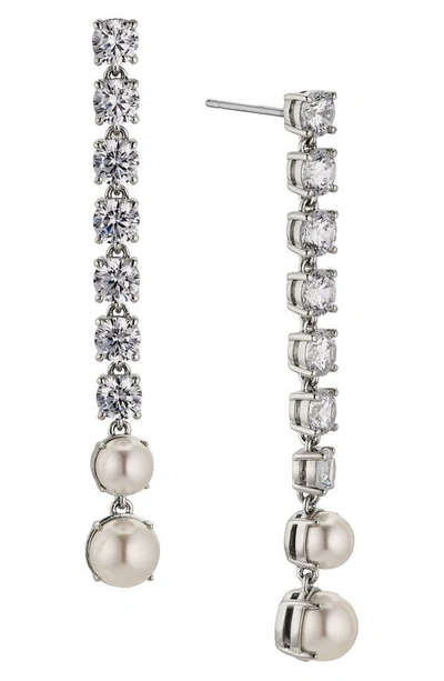 Shop Nadri Cubic Zirconia & Imitation Pearl Linear Drop Earrings In Rhodium