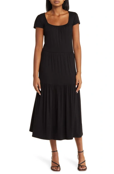 Shop Loveappella Tie Back Tiered Maxi Dress In Black