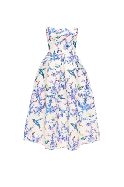 Shop Milla Strapless Midi Dress With Bird And Flower Print, Garden Of Eden In Lavender Birds