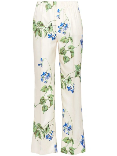 Shop Prada Floral Twill Trousers In Talco