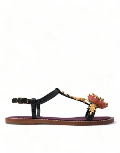 Shop Dolce & Gabbana Black Crystal Gold Sandals Leather Shoes