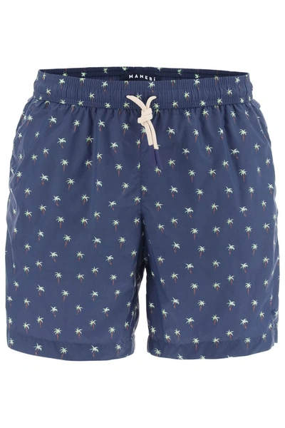 Shop Manebi Printed Swim Trunks In Blue