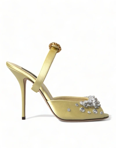 Shop Dolce & Gabbana Yellow Satin Crystal Mary Janes Sandals