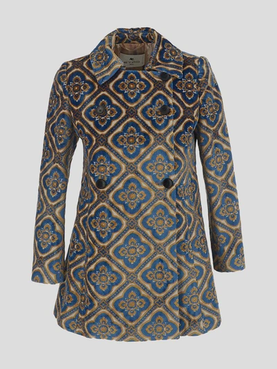Shop Etro Double-breasted Geometric Jacquard Coat In Blue