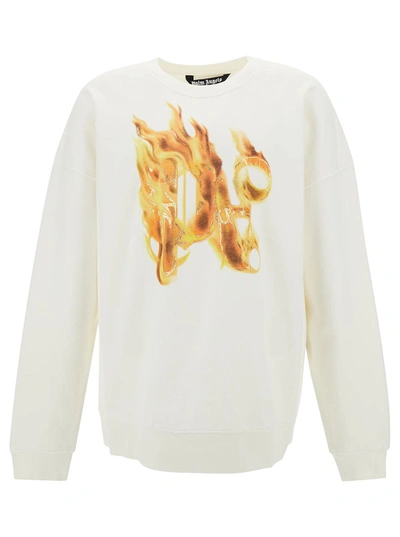 Shop Palm Angels White Crewneck Sweatshirt With Burning Logo Print In Cotton Man