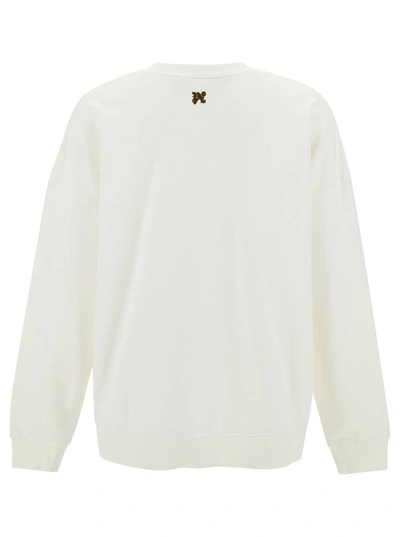 Palm Angels White Crewneck Sweatshirt With Burning Logo Print In Cotton Man In White