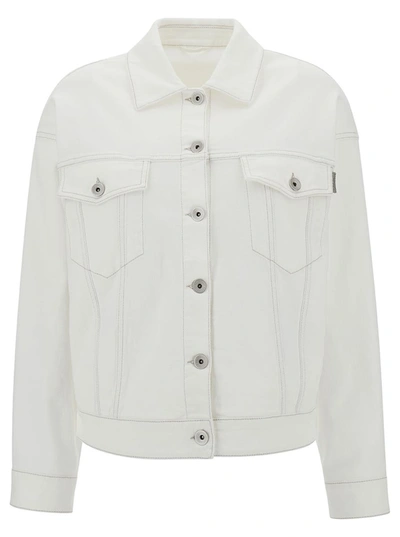 Shop Brunello Cucinelli White Jacket With Buttons And Monile Detail In Stretch Cotton Denim Woman