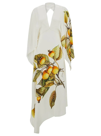 Shop Ferragamo Long White Asymmetric Dress With Graphic Print In Viscose Blend Woman In Black