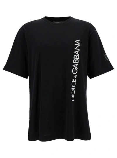 Shop Dolce & Gabbana Black T-shirt With Contrasting Logo Lettering Print In Cotton Man