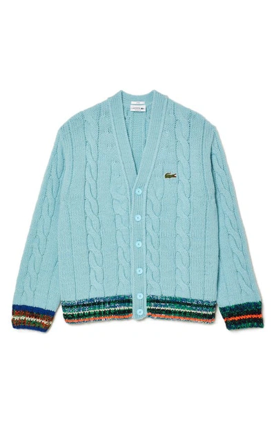 Shop Lacoste Stripe Trim Wool Blend Cardigan In Piw Agrion/ Multico