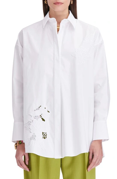 Shop Oscar De La Renta Gardenia Embroidery Cotton Button-up Shirt In White
