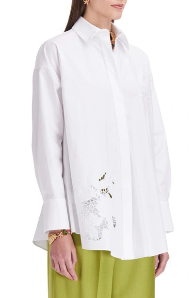 Shop Oscar De La Renta Gardenia Embroidery Cotton Button-up Shirt In White