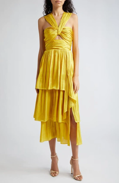 Shop Cinq À Sept Malia Ruched Ruffle Sleeveless Dress In Vivid Willow