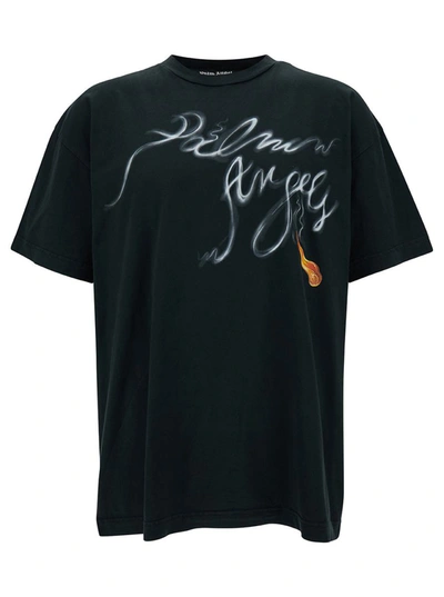 Shop Palm Angels Black Crewneck T-shirt With Foggy Logo Print In Cotton Man