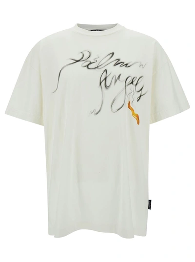 Shop Palm Angels White Crewneck T-shirt With Foggy Logo Print In Cotton Man