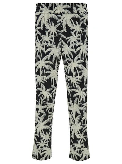 Shop Palm Angels Black And White Pants With All-over Palm Print In Tech Fabric Man