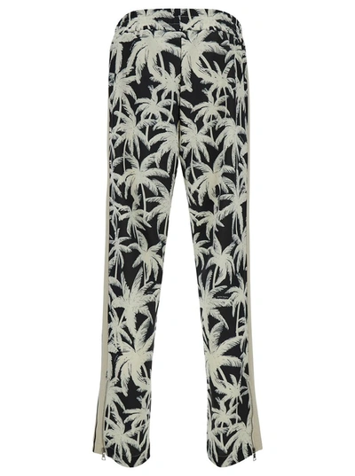 Shop Palm Angels Black And White Pants With All-over Palm Print In Tech Fabric Man