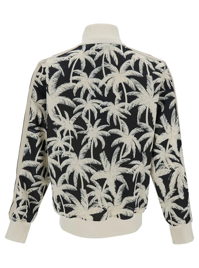 Shop Palm Angels Black And White Sweatshirt With All-over Palm Print In Cotton Man