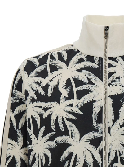 Shop Palm Angels Black And White Sweatshirt With All-over Palm Print In Cotton Man