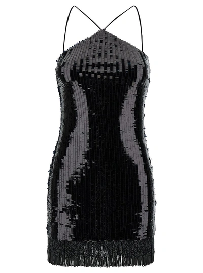 Shop Taller Marmo Min Black Dress With All-over Sequins And Fringes In Fabric Woman