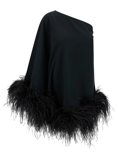 Shop Taller Marmo 'ubud' Mini Black One-shoulder Dress With Feather Trim In Acetate Blend Woman