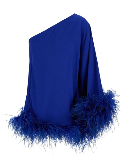 Shop Taller Marmo 'ubud' Mini Blue One-shoulder Dress With Feather Trim In Acetate Blend Woman