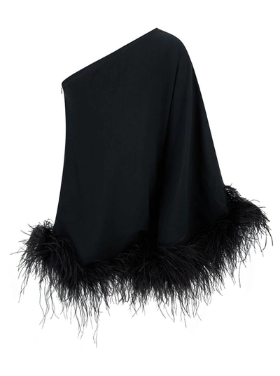 Shop Taller Marmo 'ubud' Mini Black One-shoulder Dress With Feather Trim In Acetate Blend Woman