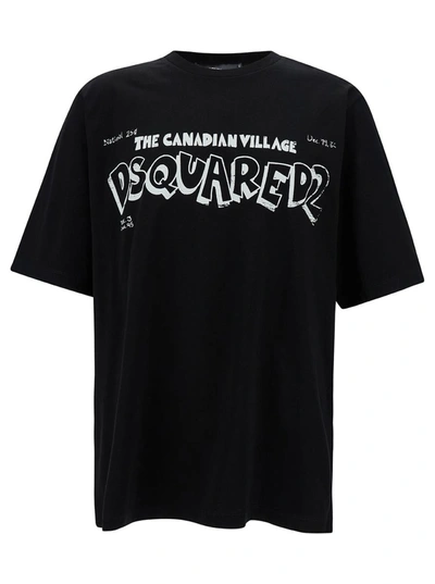 Shop Dsquared2 Black Crewneck T-shirt With Canadian Village Print In Cotton Man