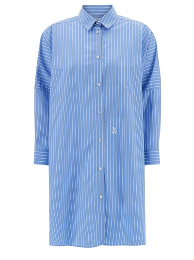 Shop Jil Sander Long Light Blue Striped Shirt With Logo Embroidery In Cotton Woman