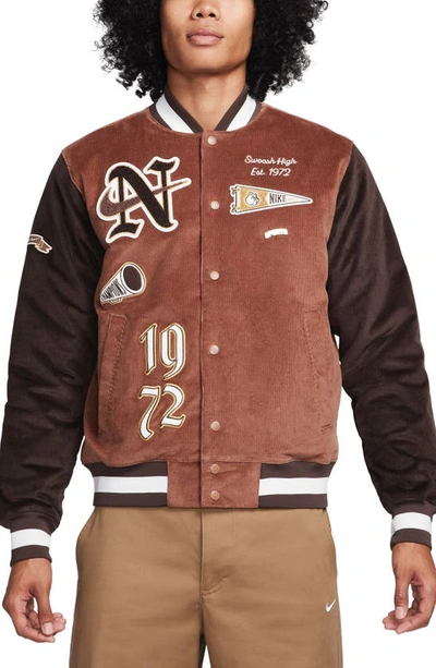Shop Nike Corduroy Varsity Jacket In Archaeo Brown/ Baroque Brown