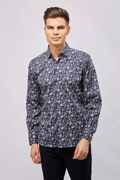 Shop Luchiano Visconti Navy With Skulls Shirt In Multi