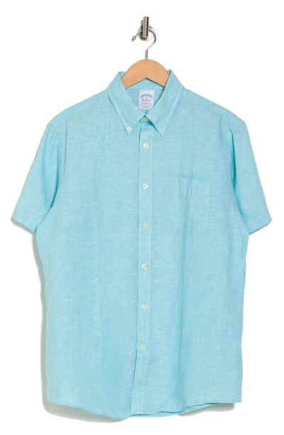 Shop Brooks Brothers Regent Regular Fit Linen Short Sleeve Button-down Shirt In Turquoise/ Aqua