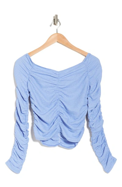 Shop Elodie Ruched Off The Shoulder Long Sleeve Top In Blue