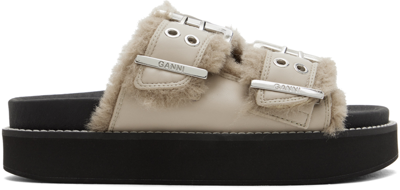 Shop Ganni Taupe Feminine Buckle Flat Sandals In 017 Taos Taupe